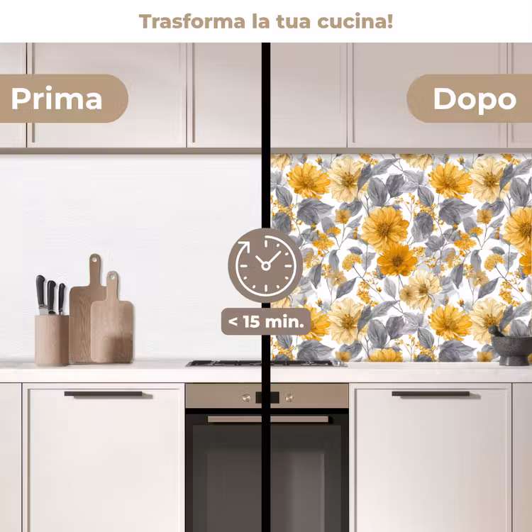 Schienale cucina - Fiori - Botanico - Elegante - Giallo ocra - Grigio — 3