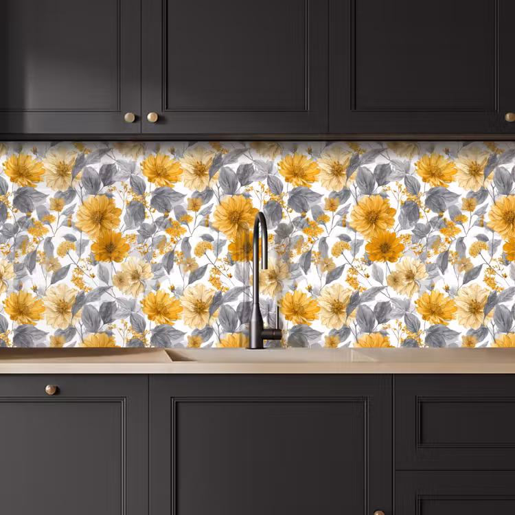 Schienale cucina - Fiori - Botanico - Elegante - Giallo ocra - Grigio — 6