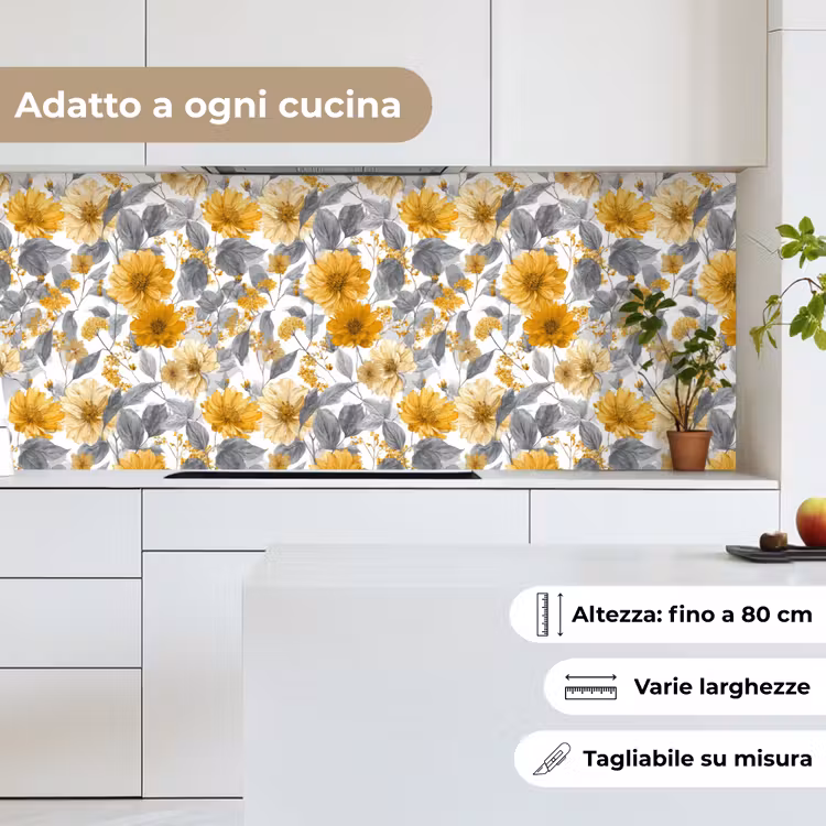 Schienale cucina - Fiori - Botanico - Elegante - Giallo ocra - Grigio — 7