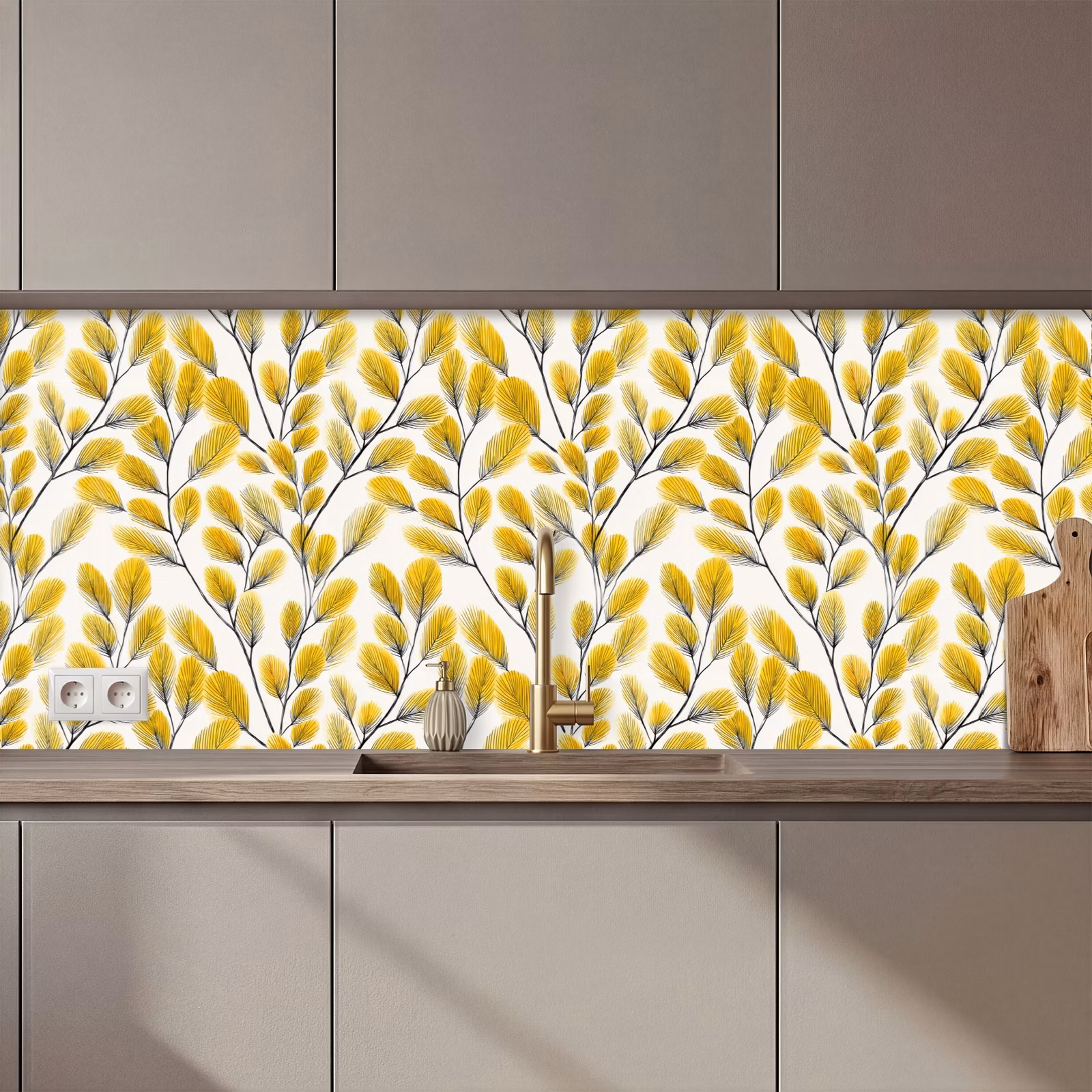 Schienale cucina - Foglie - Botanico - Elegante - Giallo - Nero — 1