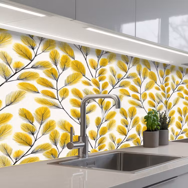 Schienale cucina - Foglie - Botanico - Elegante - Giallo - Nero — 2