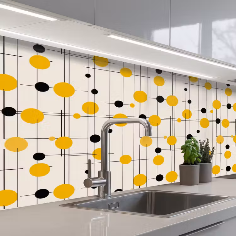 Schienale cucina - Geometrico - Retrò - Linee - Giallo ocra - Nero — 2