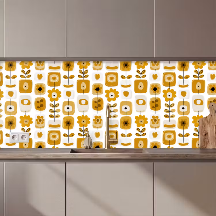 Schienale cucina - Retro - Astratto - Fiori - Giallo ocra — 1