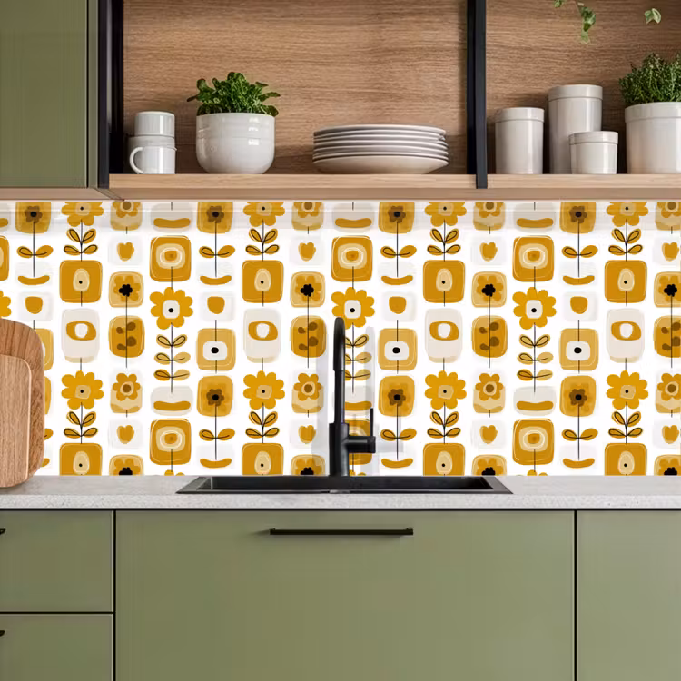 Schienale cucina - Retro - Astratto - Fiori - Giallo ocra — 8