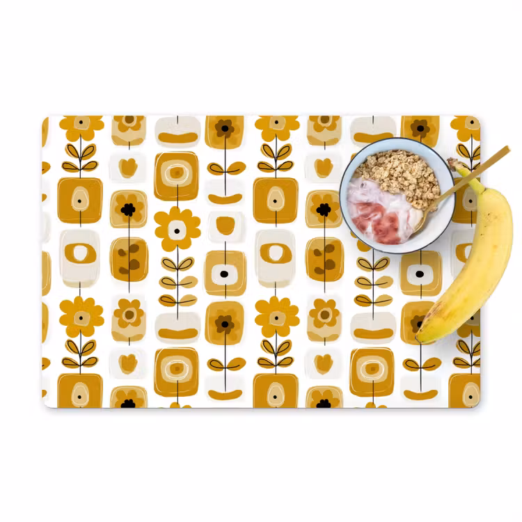 Tovaglietta – 6 pezzi - Retro - Astratto - Fiori - Giallo ocra — 1