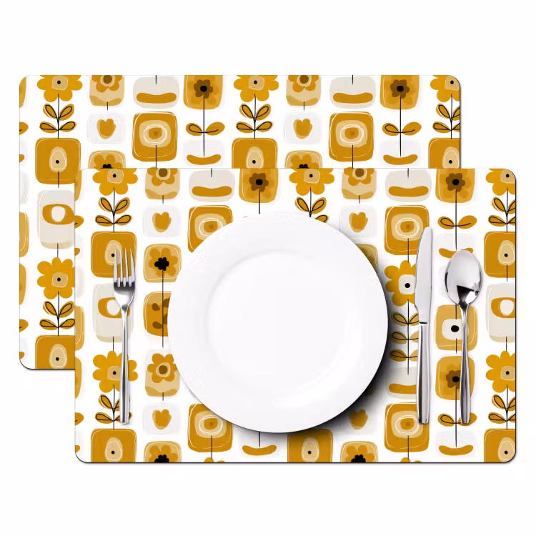 Tovaglietta – 6 pezzi - Retro - Astratto - Fiori - Giallo ocra — 2