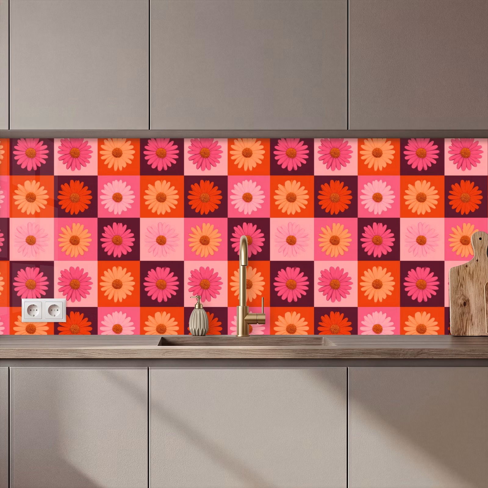 Schienale cucina - Margarite - Scacchiera - Retrò - Rosa - Arancione — 1