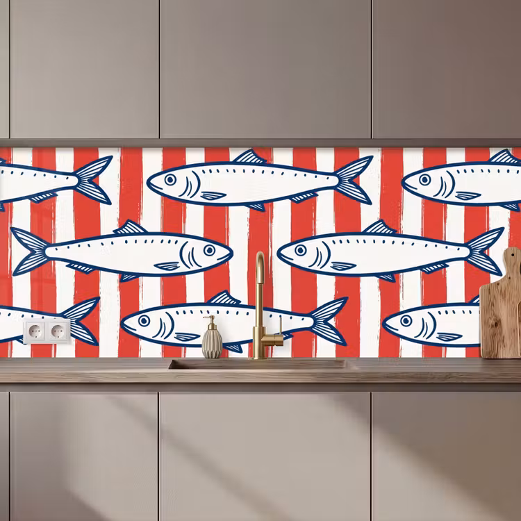 Schienale cucina - Pesce - Motivo - Righe - Illustrazione - Rosso — 1