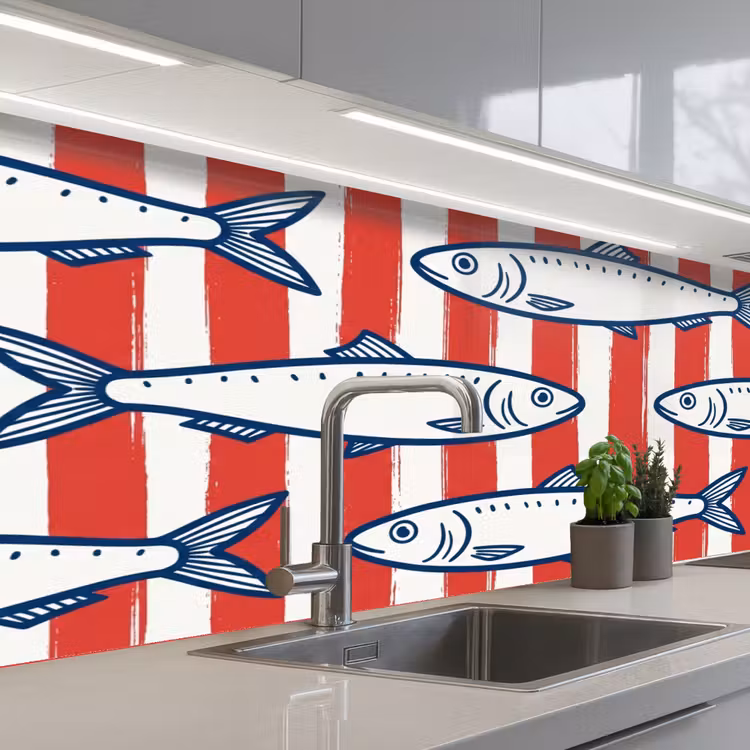 Schienale cucina - Pesce - Motivo - Righe - Illustrazione - Rosso — 2