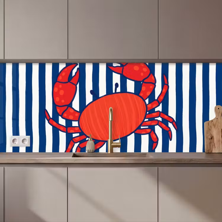 Schienale cucina - Granchio - Strisce - Vita marina - Illustrazione - Rosso — 1