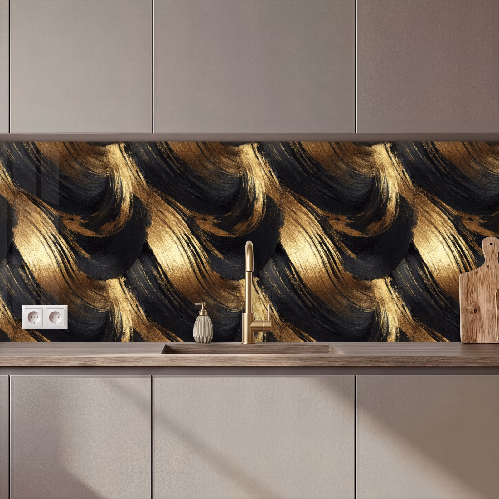Schienale cucina - Pennellate - Astratto - Oro - Nero — 1