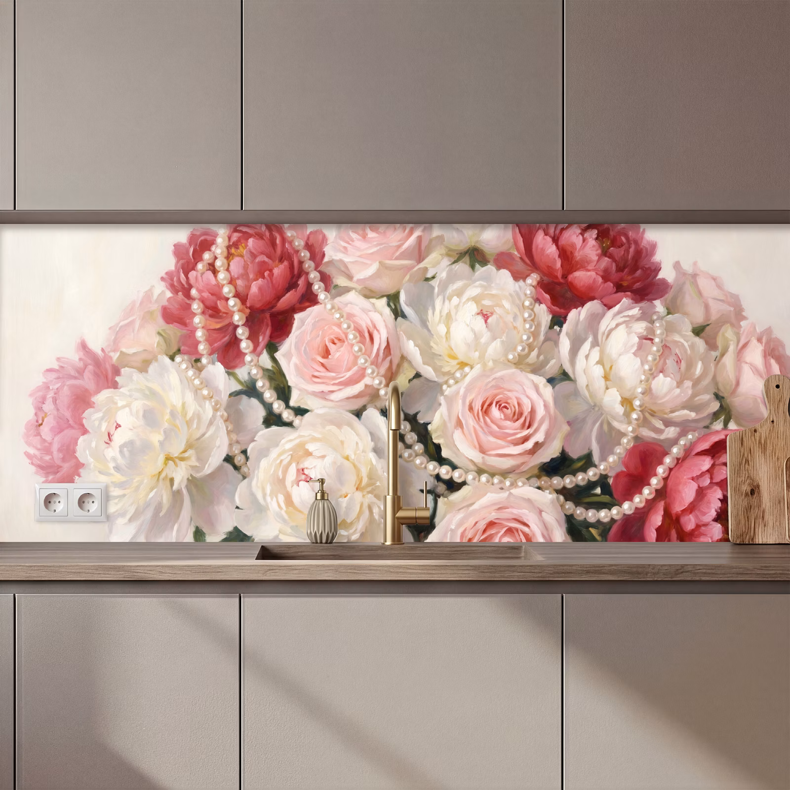 Schienale cucina - Fiori - Perle - Romanticismo - Classico - Rosa — 1