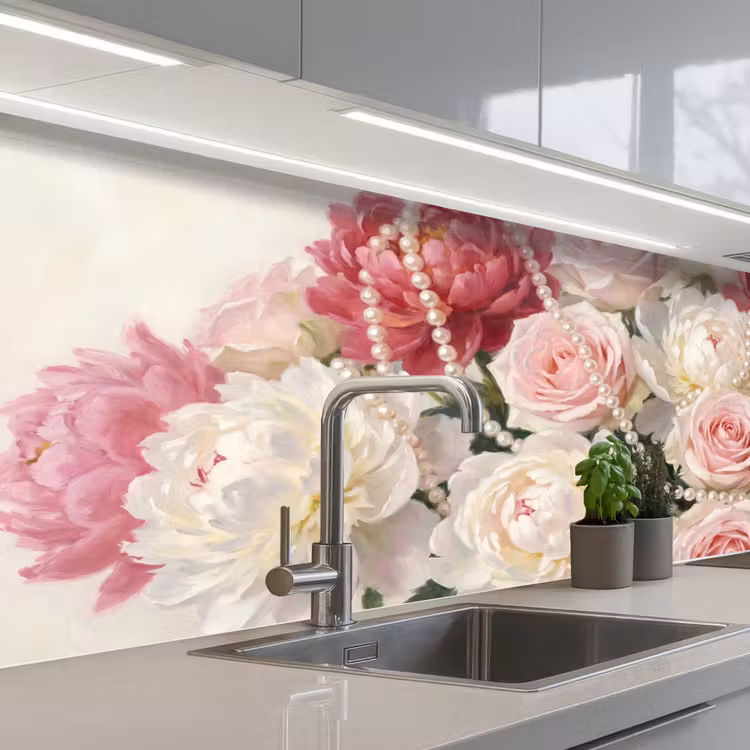 Schienale cucina - Fiori - Perle - Romanticismo - Classico - Rosa — 2