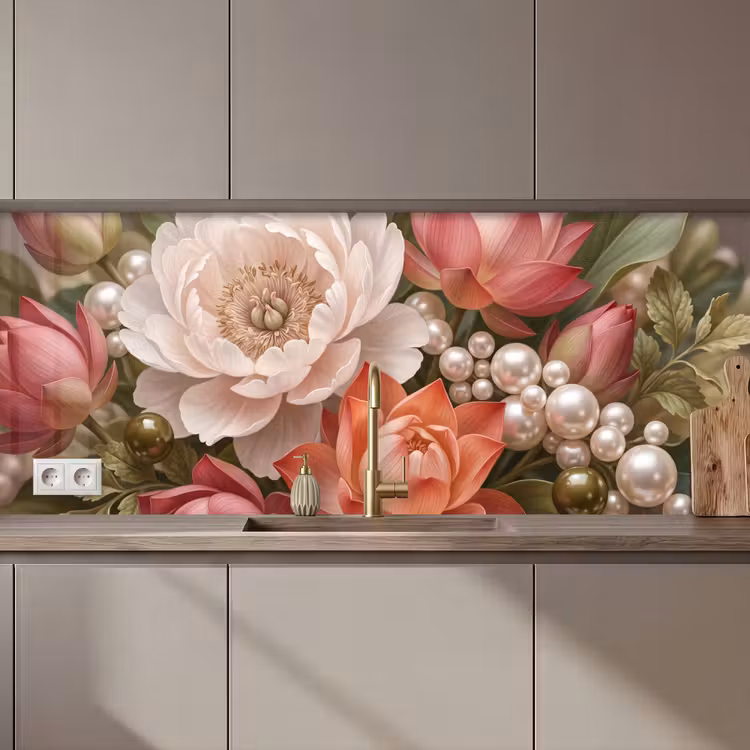 Schienale cucina - Fiori - Perle - Elegante - Rosa - Bianco — 1
