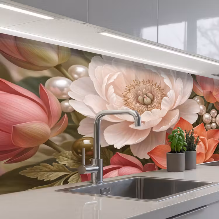 Schienale cucina - Fiori - Perle - Elegante - Rosa - Bianco — 2