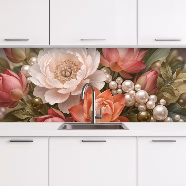 Schienale cucina - Fiori - Perle - Elegante - Rosa - Bianco — 4