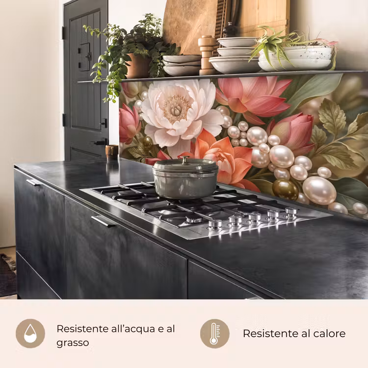 Schienale cucina - Fiori - Perle - Elegante - Rosa - Bianco — 5