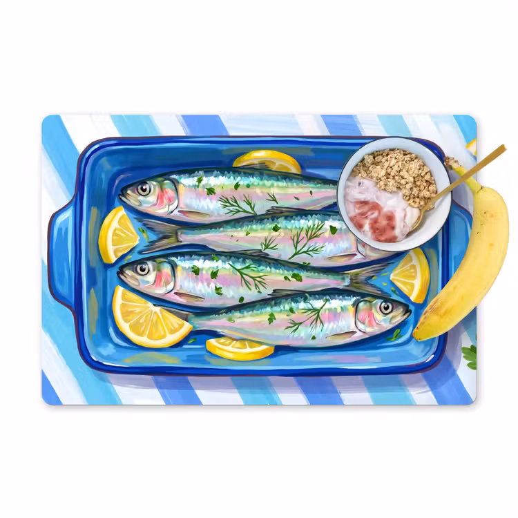 Tovaglietta – 6 pezzi - Pesce - Limone - Erbe aromatiche - Cibo - Blu — 1