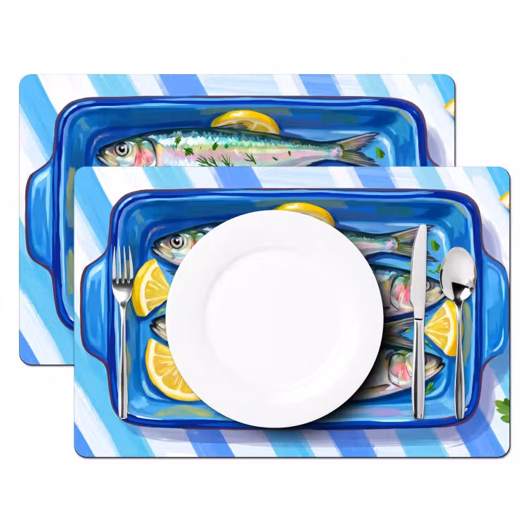 Tovaglietta – 6 pezzi - Pesce - Limone - Erbe aromatiche - Cibo - Blu — 2