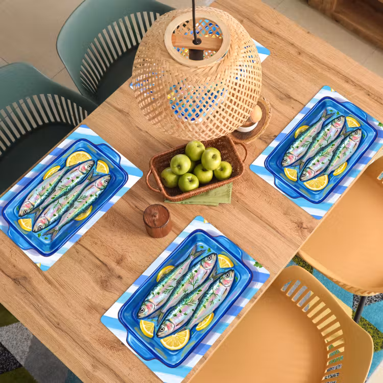 Tovaglietta – 6 pezzi - Pesce - Limone - Erbe aromatiche - Cibo - Blu — 3