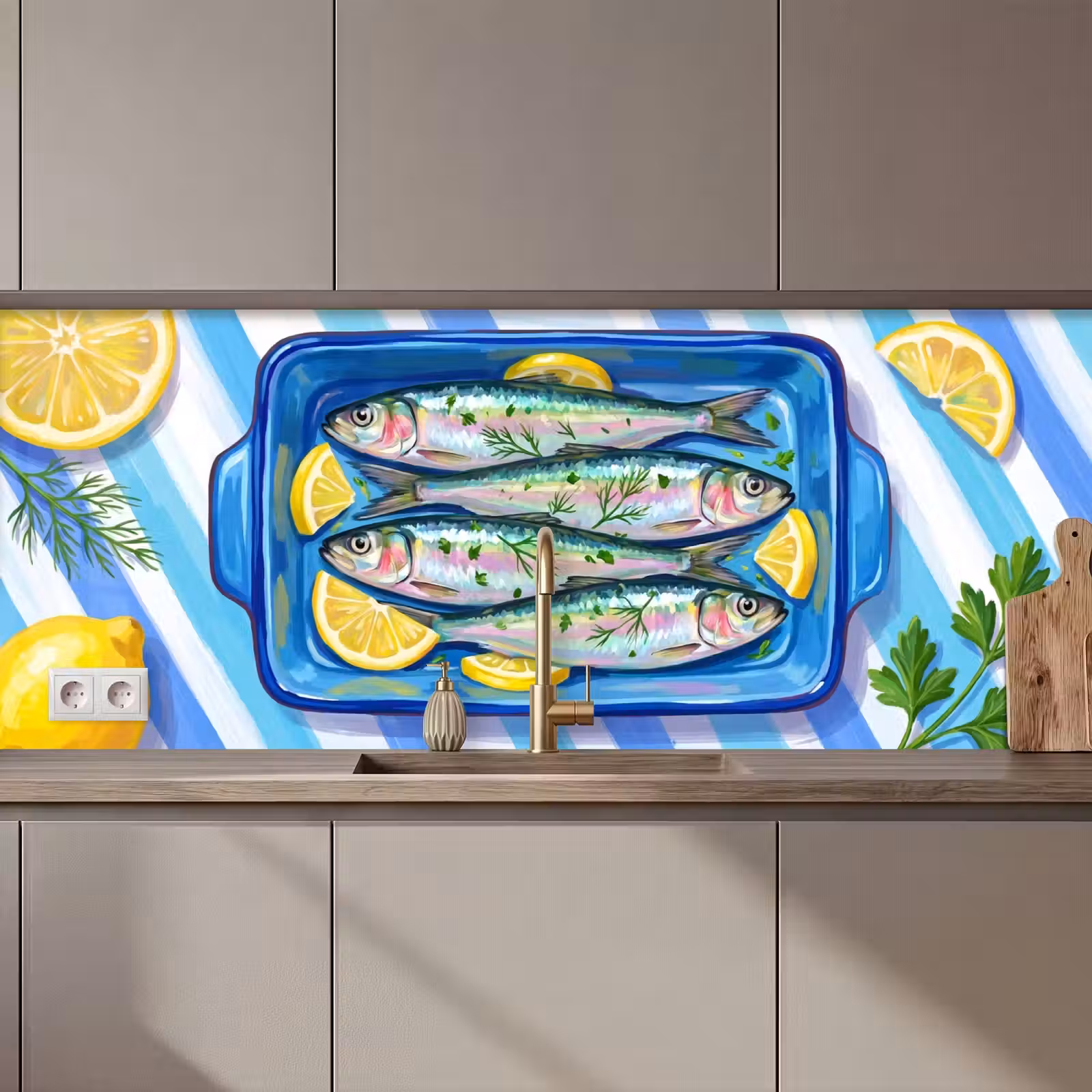 Schienale cucina - Pesce - Limone - Erbe aromatiche - Cibo - Blu — 1