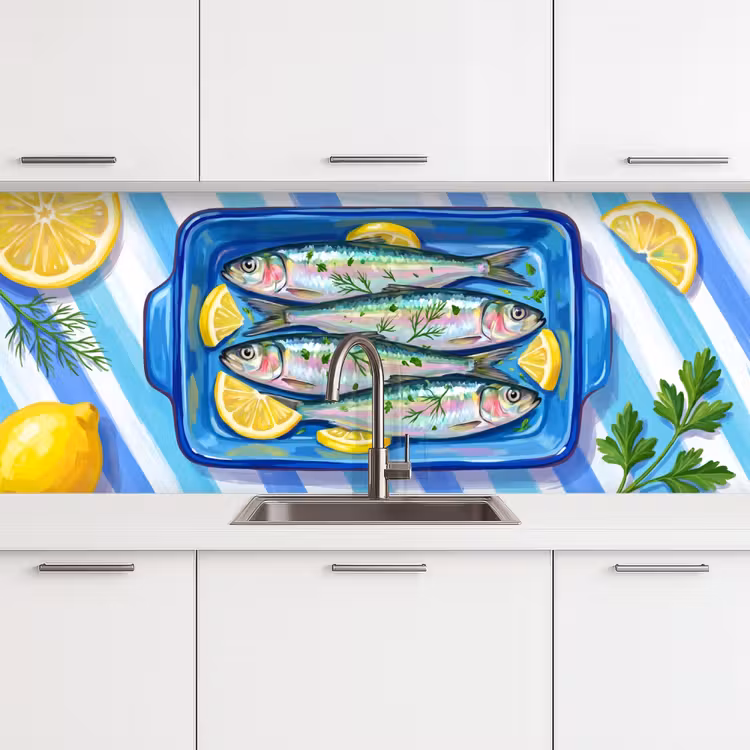 Schienale cucina - Pesce - Limone - Erbe aromatiche - Cibo - Blu — 4