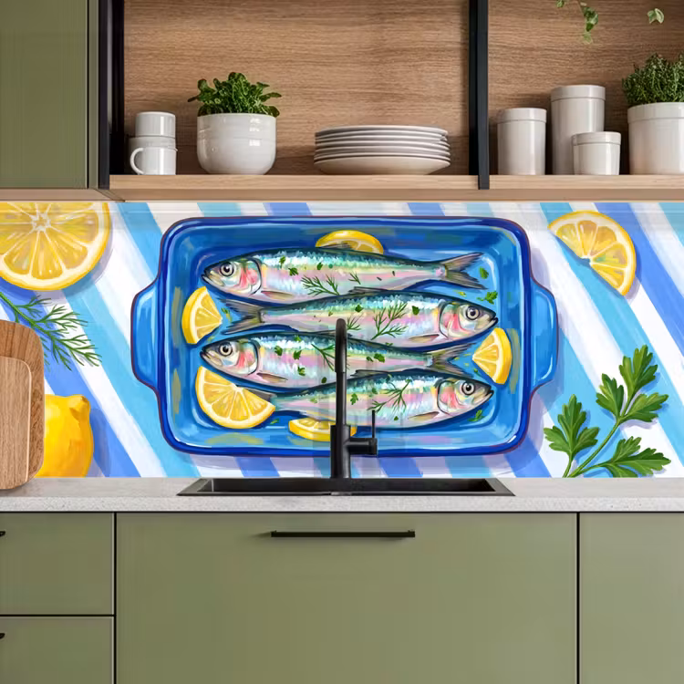 Schienale cucina - Pesce - Limone - Erbe aromatiche - Cibo - Blu — 8