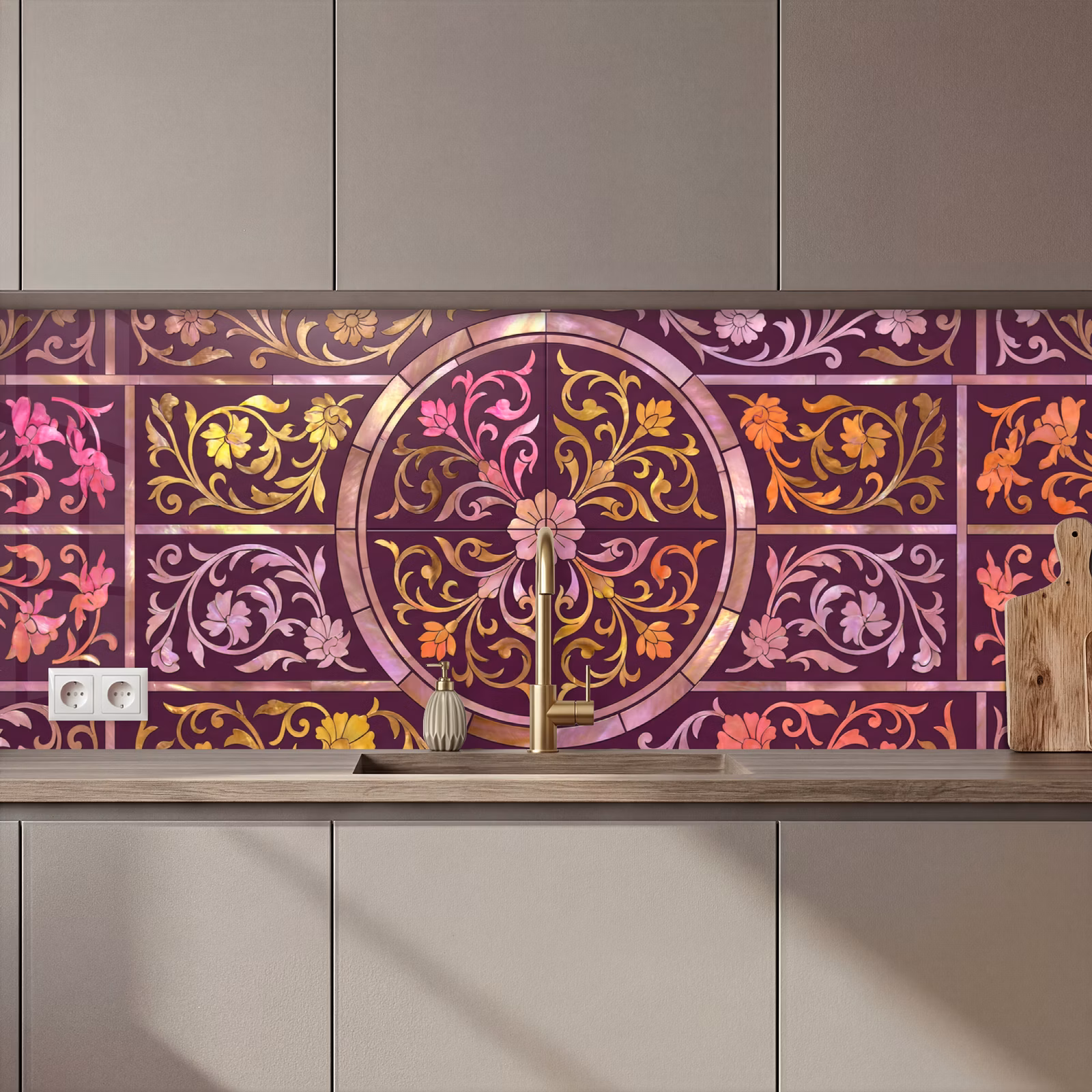 Schienale cucina - Motivo - Floreale - Orientale - Viola - Oro — 1