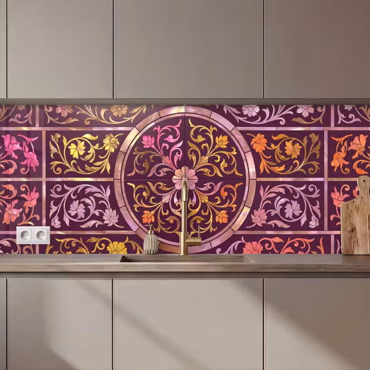 Schienale cucina - Motivo - Floreale - Orientale - Viola - Oro — 1
