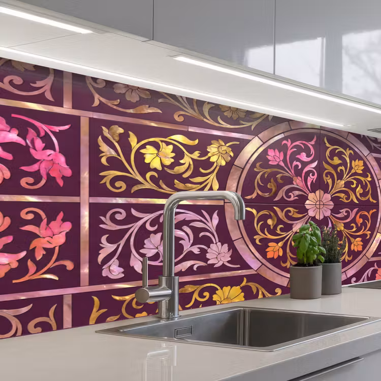Schienale cucina - Motivo - Floreale - Orientale - Viola - Oro — 2