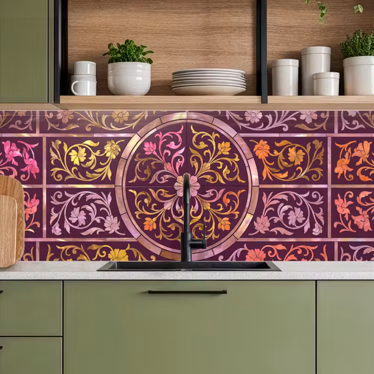 Schienale cucina - Motivo - Floreale - Orientale - Viola - Oro — 8