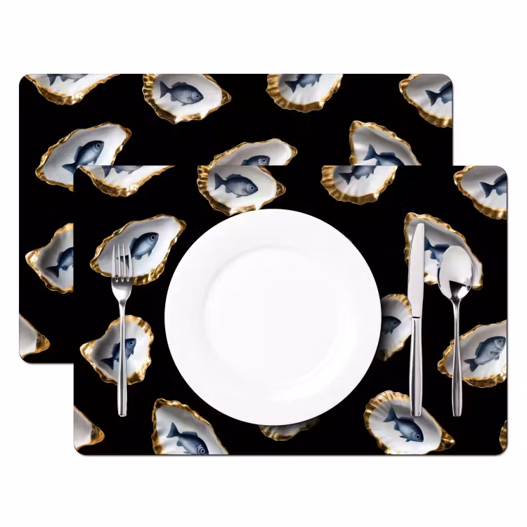 Tovaglietta in vinile - Ostriche - Pesce - Blu - Oro — 2