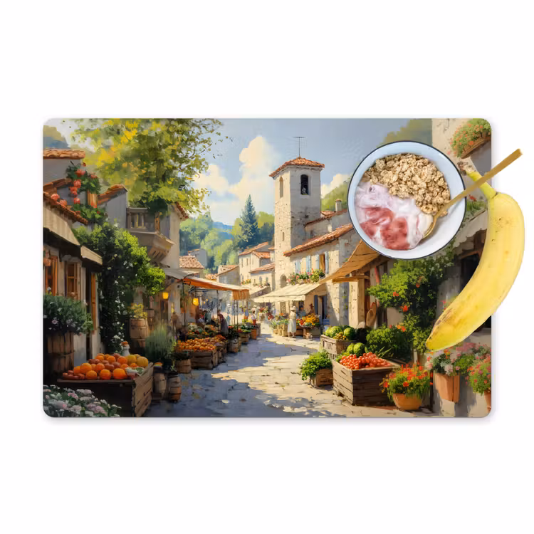 Tovaglietta in vinile - Villaggio - Sole - Bancarelle - Case — 1