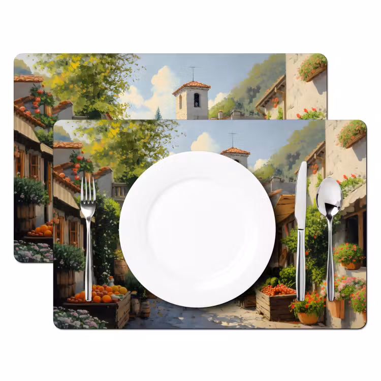 Tovaglietta in vinile - Villaggio - Sole - Bancarelle - Case — 2