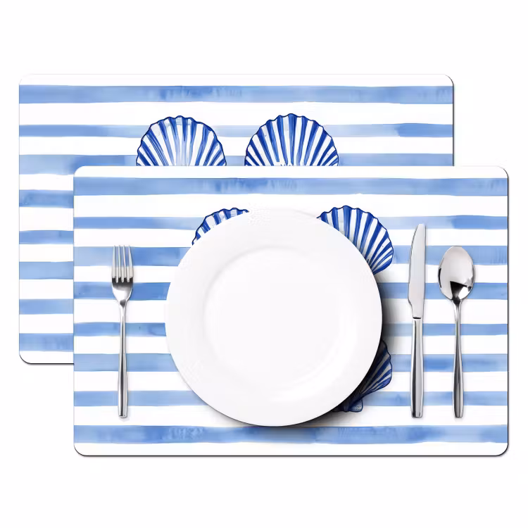 Tovaglietta in vinile - Quattro conchiglie - Blu - Bianco - Strisce — 2