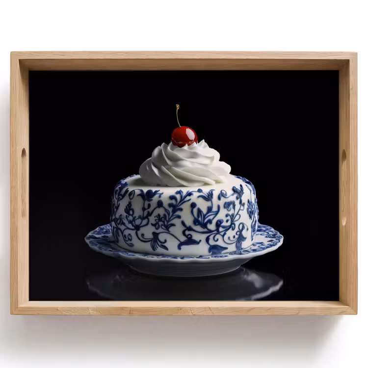 Vassoio - Torta - Panna montata - Ciliegia - Piatto - Blu Delft — 1