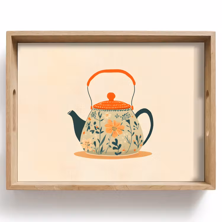 Vassoio - Arancione - Teiera - Fiori - Foglie — 1