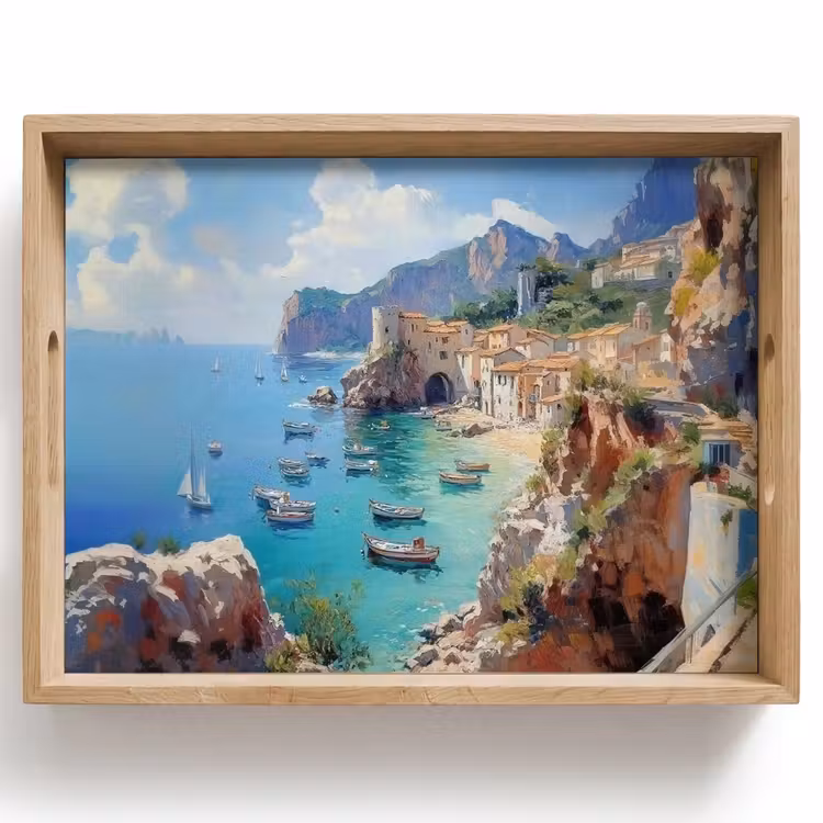 Vassoio - Villaggio costiero - Pittura - Rocce - Barche — 1