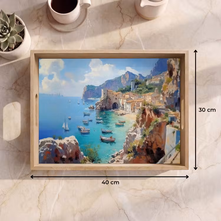 Vassoio - Villaggio costiero - Pittura - Rocce - Barche — 7