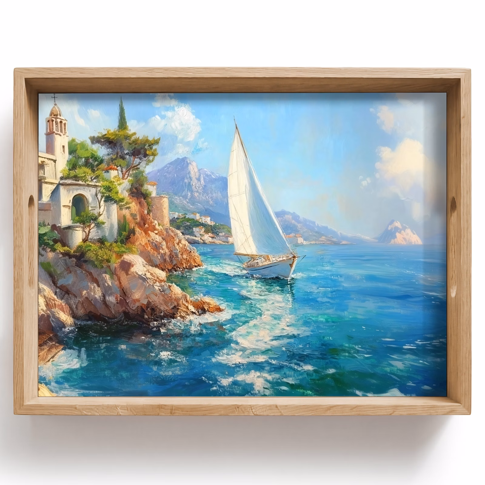 Vassoio - Barca a vela - Rocce - Costa - Case — 1