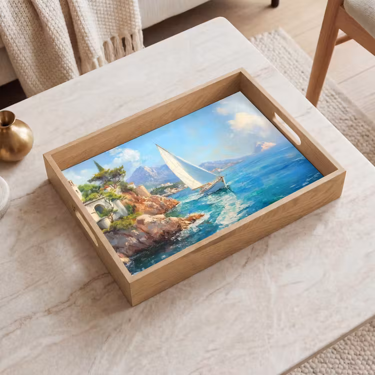 Vassoio - Barca a vela - Rocce - Costa - Case — 2
