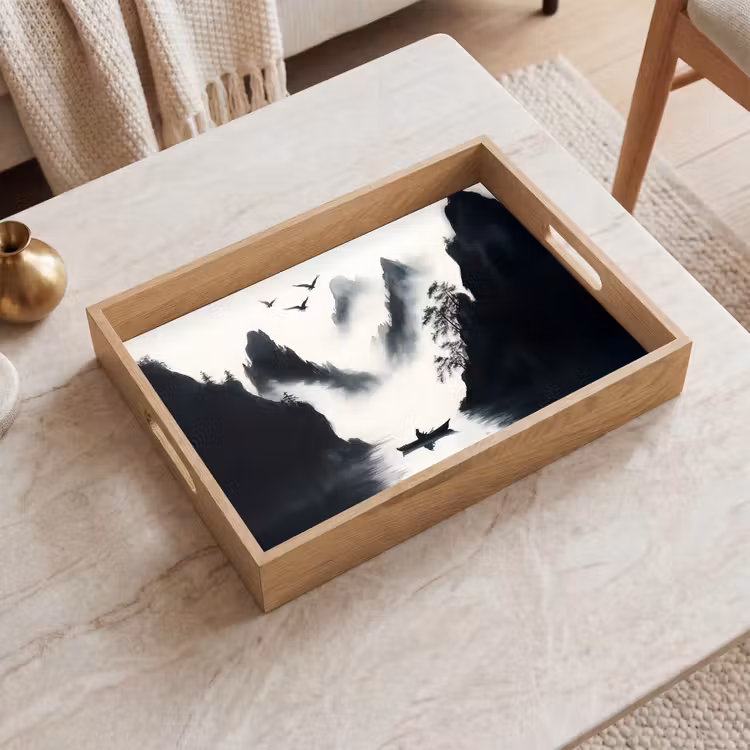Vassoio - Barca a remi - Nebbia - Montagne - Uccelli — 2
