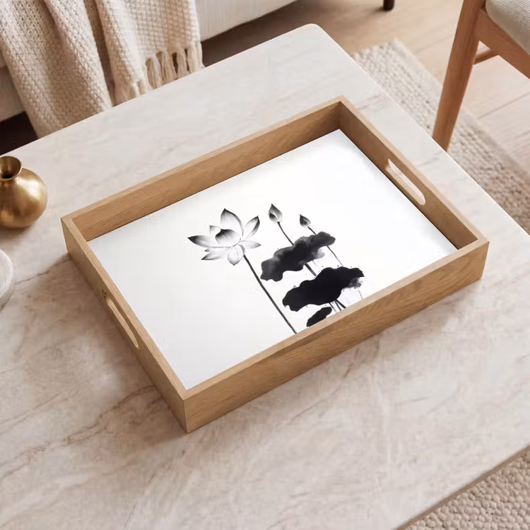Vassoio - Foglie - Nero - Fiore di loto - Minimalista — 2