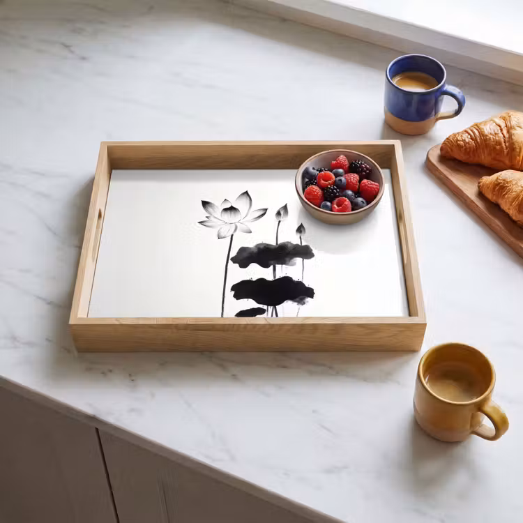 Vassoio - Foglie - Nero - Fiore di loto - Minimalista — 3