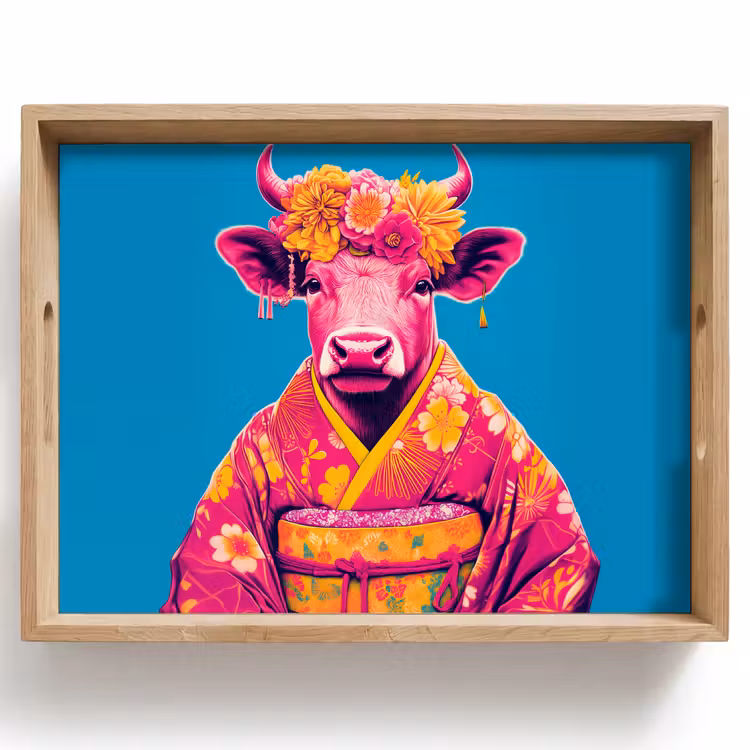 Vassoio - Mucca - Corona di fiori - Orecchini - Kimono — 1