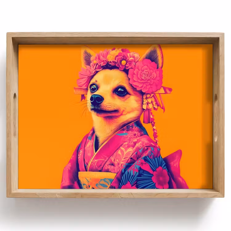 Vassoio - Kimono - Cagnolino - Corona di fiori - Arancione — 1