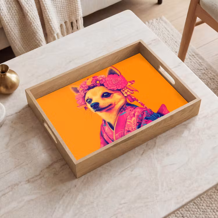 Vassoio - Kimono - Cagnolino - Corona di fiori - Arancione — 2