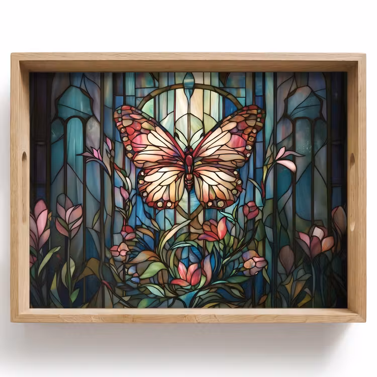 Vassoio - Farfalla - Rosa - Fiori - Foglie — 1