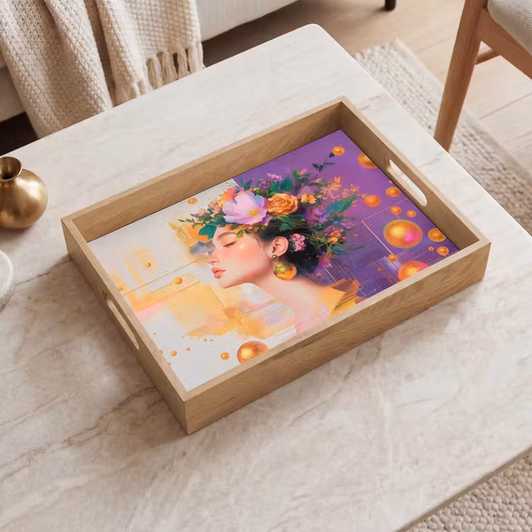 Vassoio - Astratto - Donna - Corona di fiori - Oro — 2