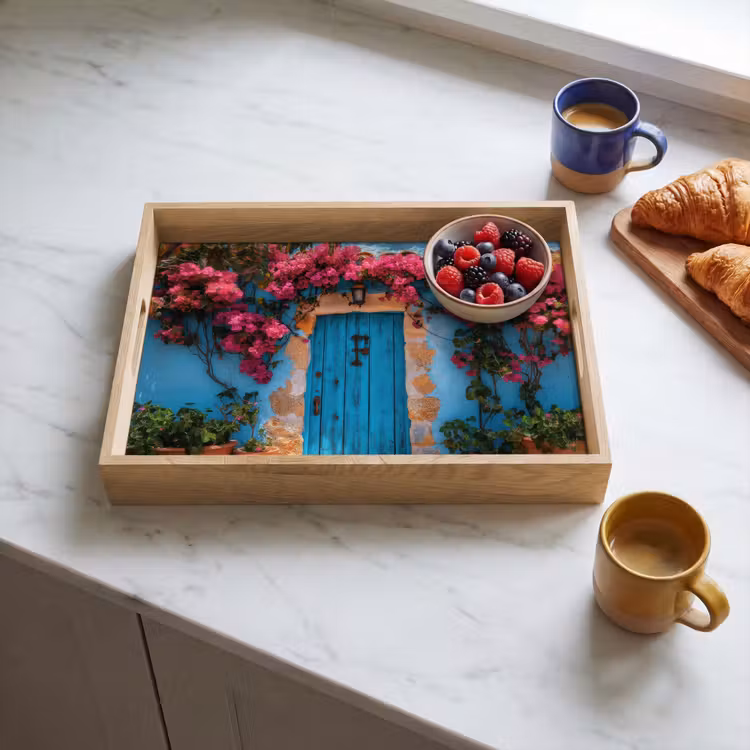 Vassoio - Porta - Legno - Fiori - Blu — 3